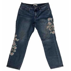 J Jill Authentic Fit Cropped Jeans Floral Embroidered Blue Denim